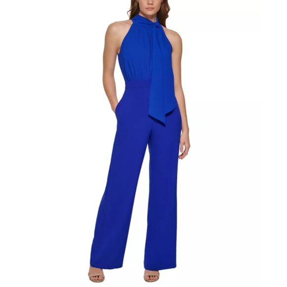VINCE CAMUTO Women's Chiffon Bow Halter Jumpsuit, Blue NWT - Picture 2 of 8